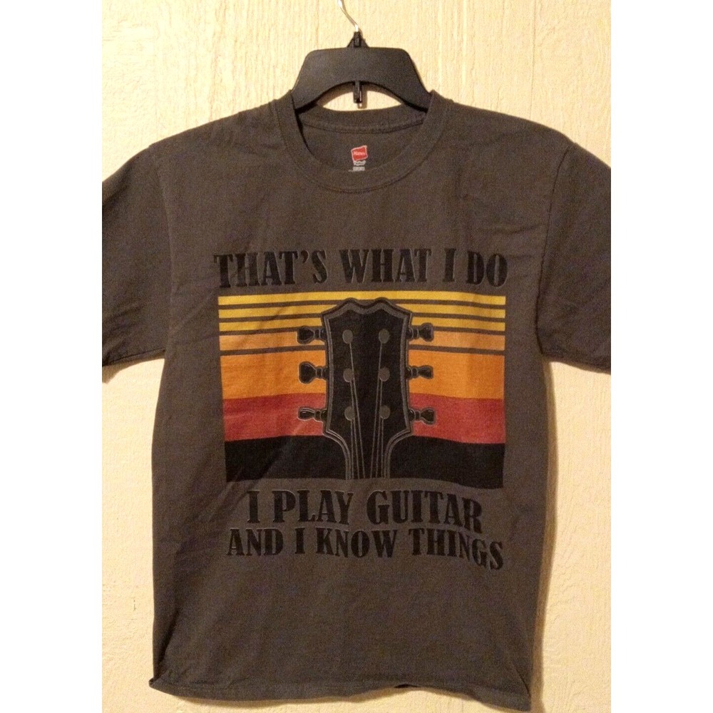 Hanes Graphic T-Shirt Men Medium Gray I Play Guitar And I Know Things Retro